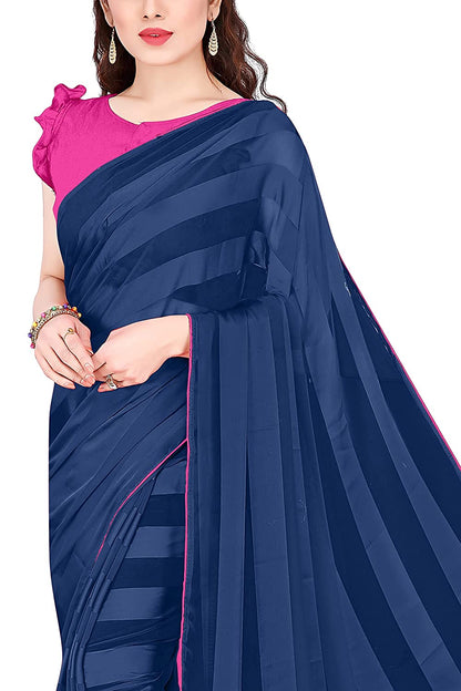 Mirchi Fashion Women'S Georgette Shiny Satin Stripes Laining Pattern Saree
