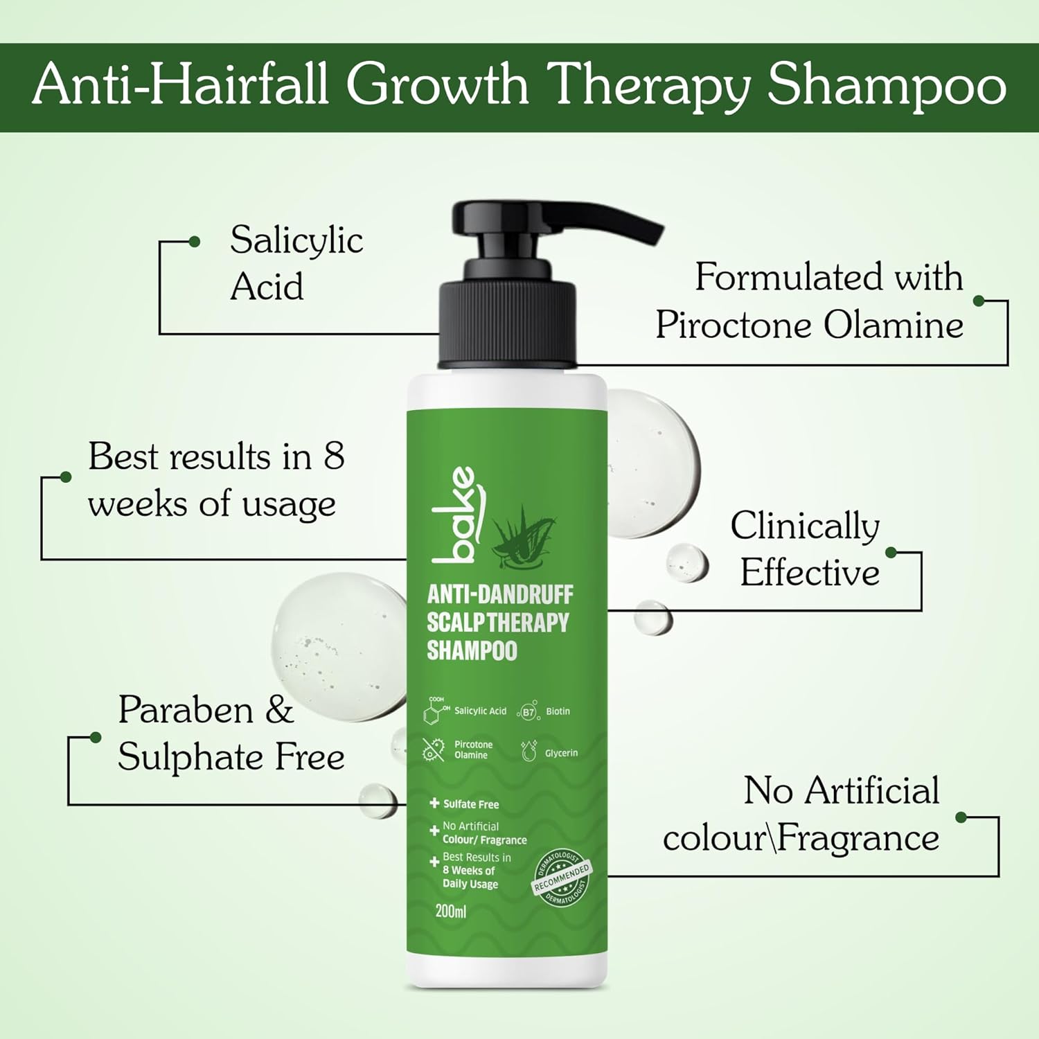 BAKE 2% Salicylic Acid Anti Dandruff Shampoo for Scalp Strengthening, Dry Itchy Scalp, For Men & Women - 200ml