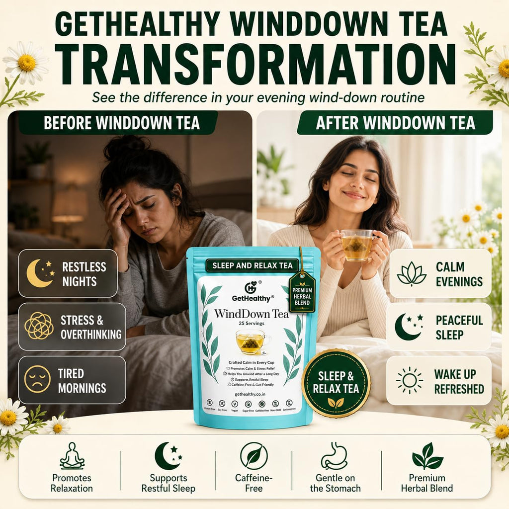 GetHealthy® WindDown Tea™ for Sleep | Caffeine Free Bedtime Herbal Blend with Chamomile, Ashwagandha & Lavender | Relaxing Sleep Tea for Nighttime Calm | Premium Chamomile Tea Bags | 25 Pyramid Bags