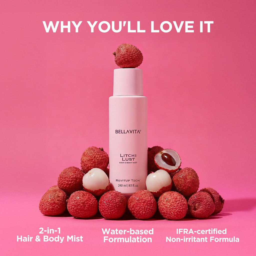 Bellavita Litchi Lust | 2 in 1 Hair and Body Mist | 240ml | Long Lasting Premium Body Mist for Woman, Girl | Water based formulation