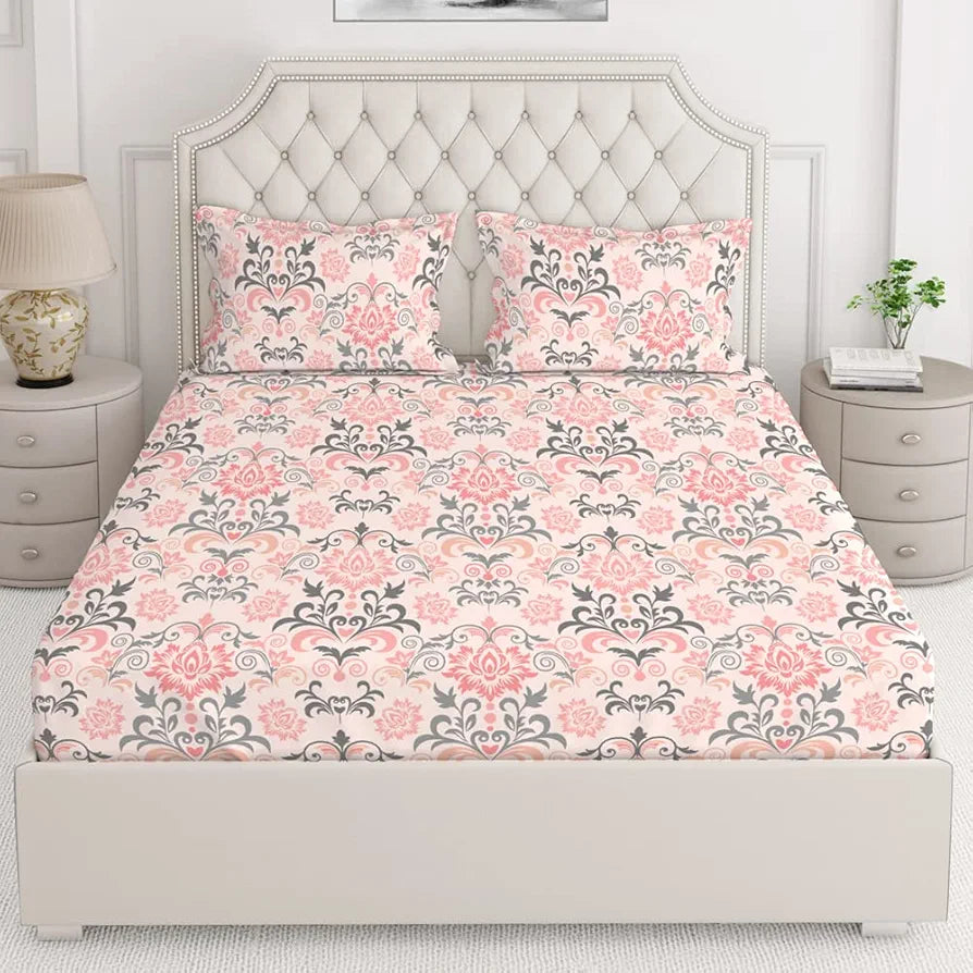 Layers Classic Cotton Bedsheet Set for All Seasons Lightweight 104 TC Queen Size Pink Ethnic Pattern