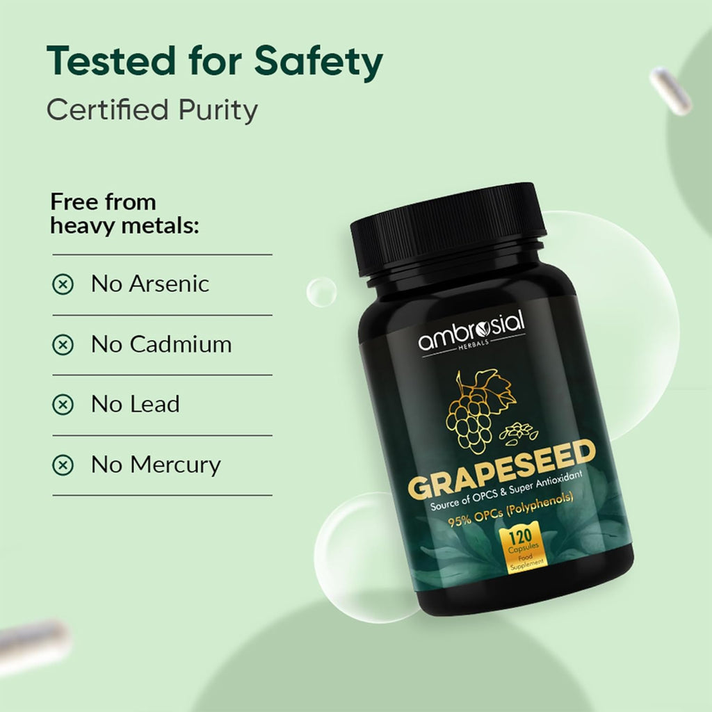 Ambrosial Grape Seed Extract Capsules | 95% OPCs Polyphenols | High Strength Grape Seed Supplement | Strong Antioxidant | Pack of 1-120 Vegan Capsules