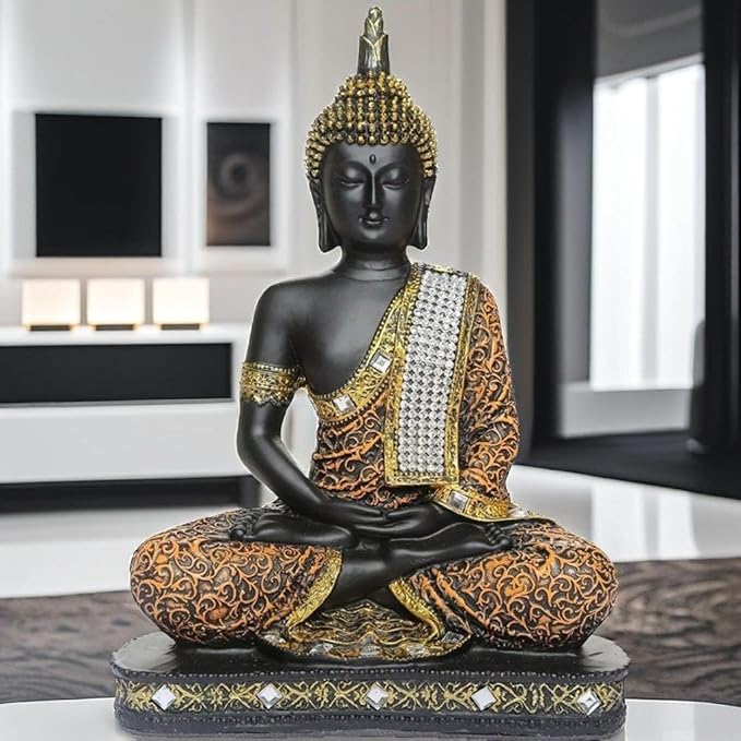 Global Grabbers New Meditating Sitting Buddha Statue Idol Gifts Orange Black Colour