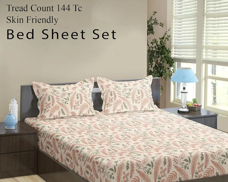 Trance Home Linen 100% Cotton 144Tc Elastic Fitted Bedsheet Printed King Bed Size with 2 Pillow Covers Colour Foliage Peach