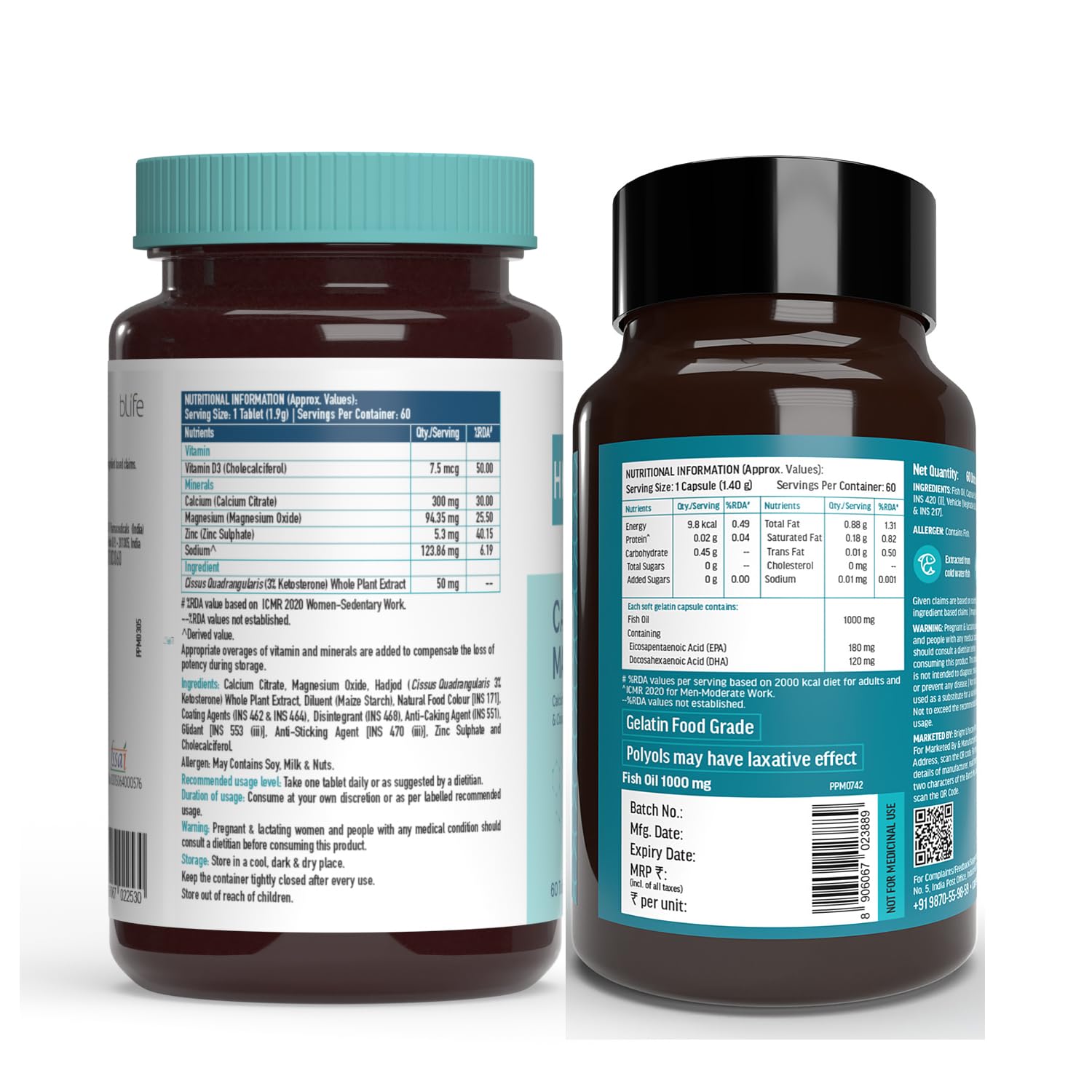 HealthKart hk vitals Calcium, Magnesium and Zinc Tablets with Vitamin D3 & Fish Oil (60 Tablets Each) Combo Pack | 1000mg Omega 3 with 180 mg EPA & 120 mg DHA
