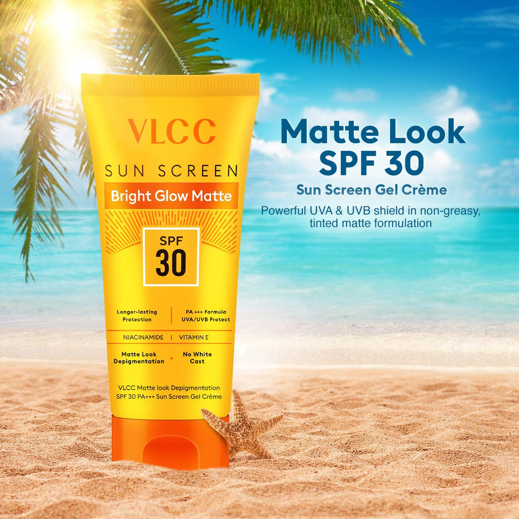 VLCC Bright Glow Matte SPF 30 Sunscreen with PA+++ | Non-Greasy Tinted Formula with Niacinamide, Vitamin E & Grapefruit Extract | Broad Spectrum UVA/UVB Protection | Reduces Pigmentation & Tanning