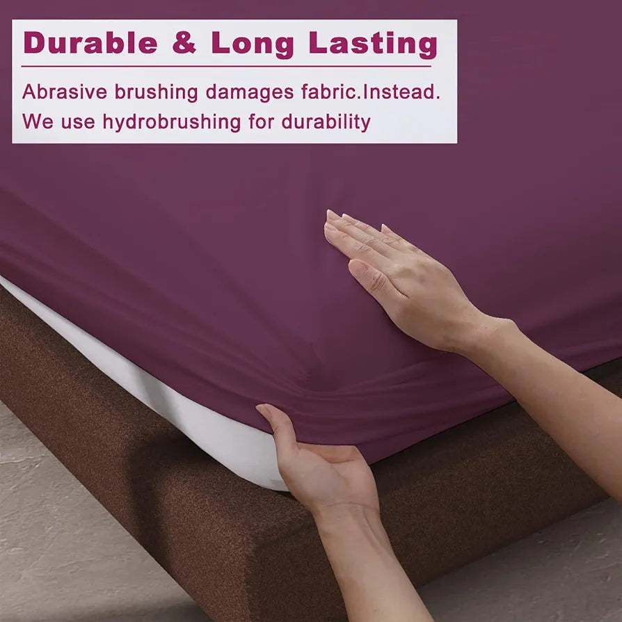 Trance Home Linen 100% Cotton 78x72 inch King Elastic Fitted Bedsheet 400TC Soft Durable Plain Bed Sheet with 2 Pillow Covers Colour Plum