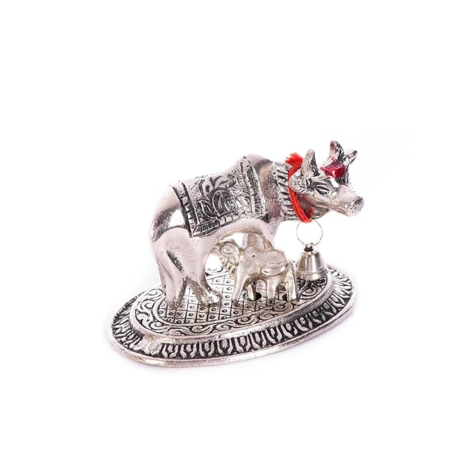 Ecraftindia Handcrafted Cow and Calf Metal Figurine | Silver
