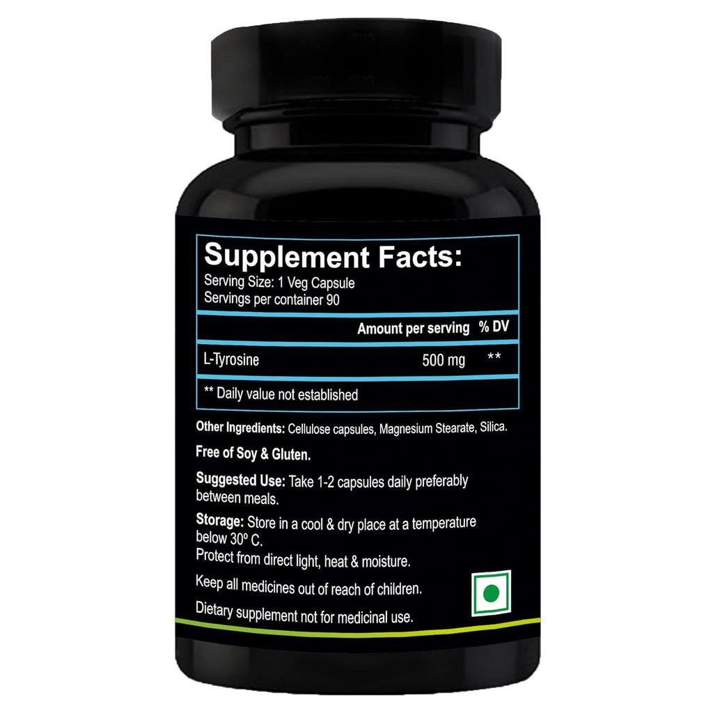 Nutriosys L-Tyrosine 500mg Supports Cognitive Health & Brain Function, Essential For Thyroid Functions - 90 Veg Capsules