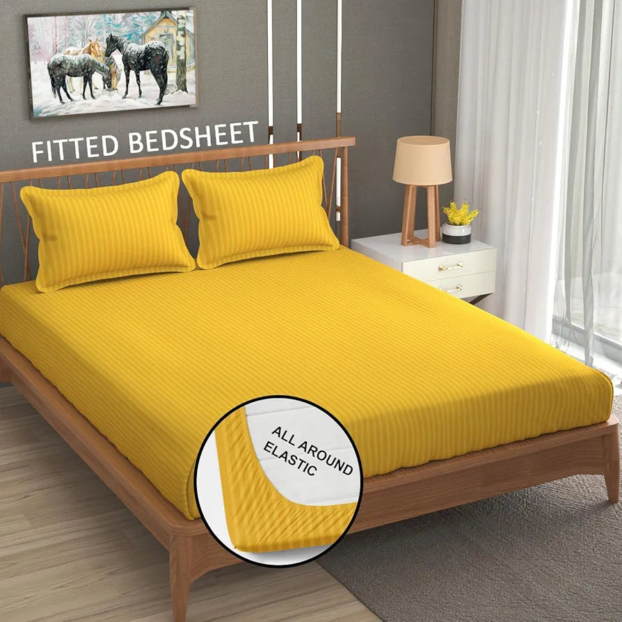 Homefab India 160 TC Stripe Cotton Feel Glace Cotton Elastic Fitted King Size Double Bed Bedsheet with 2 Pillow Covers Fits Upto 6 inches Mattress Yellow