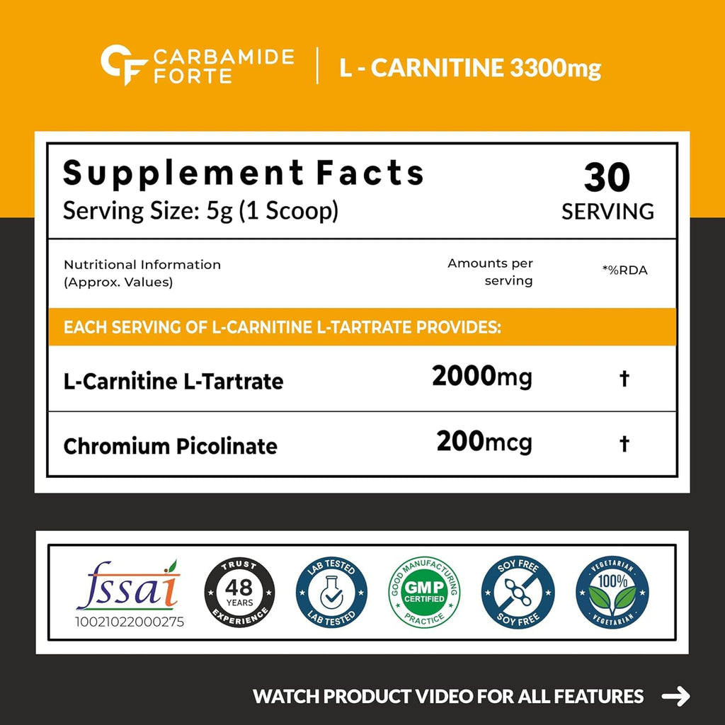 Carbamide Forte L Carnitine Supplement For Men & Women | L-Carnitine Tartrate 2000mg | L'Carnitine Pre & Post Workout Supplement To Help Cobevrt Fat Into Energy | Mango Flavour - 150g