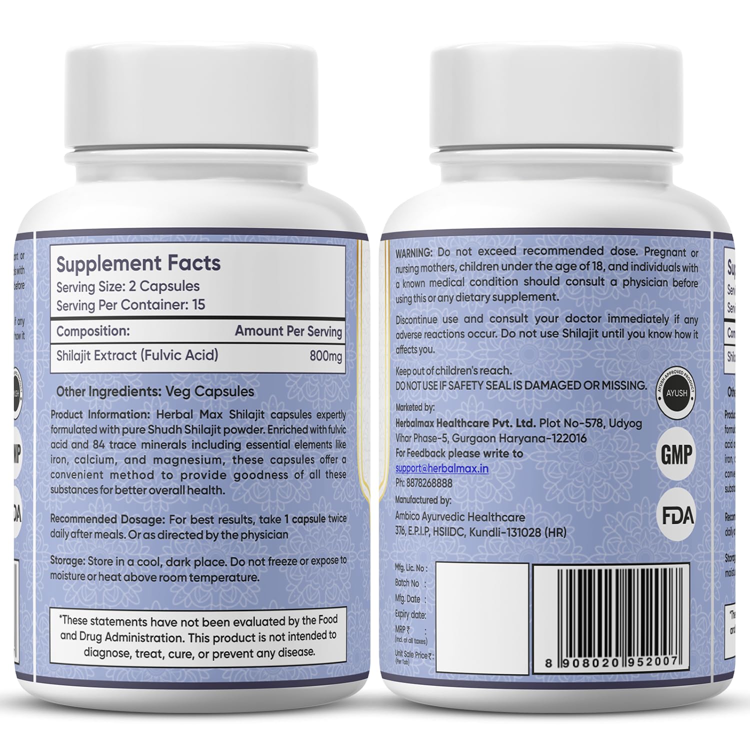 Herbal Max Shilajit 800mg Capsules â€“ Fulvic Acid Enriched Natural Supplement for Strength, Endurance, Energy & Immunity | Supports Men & Womenâ€™s Vitality