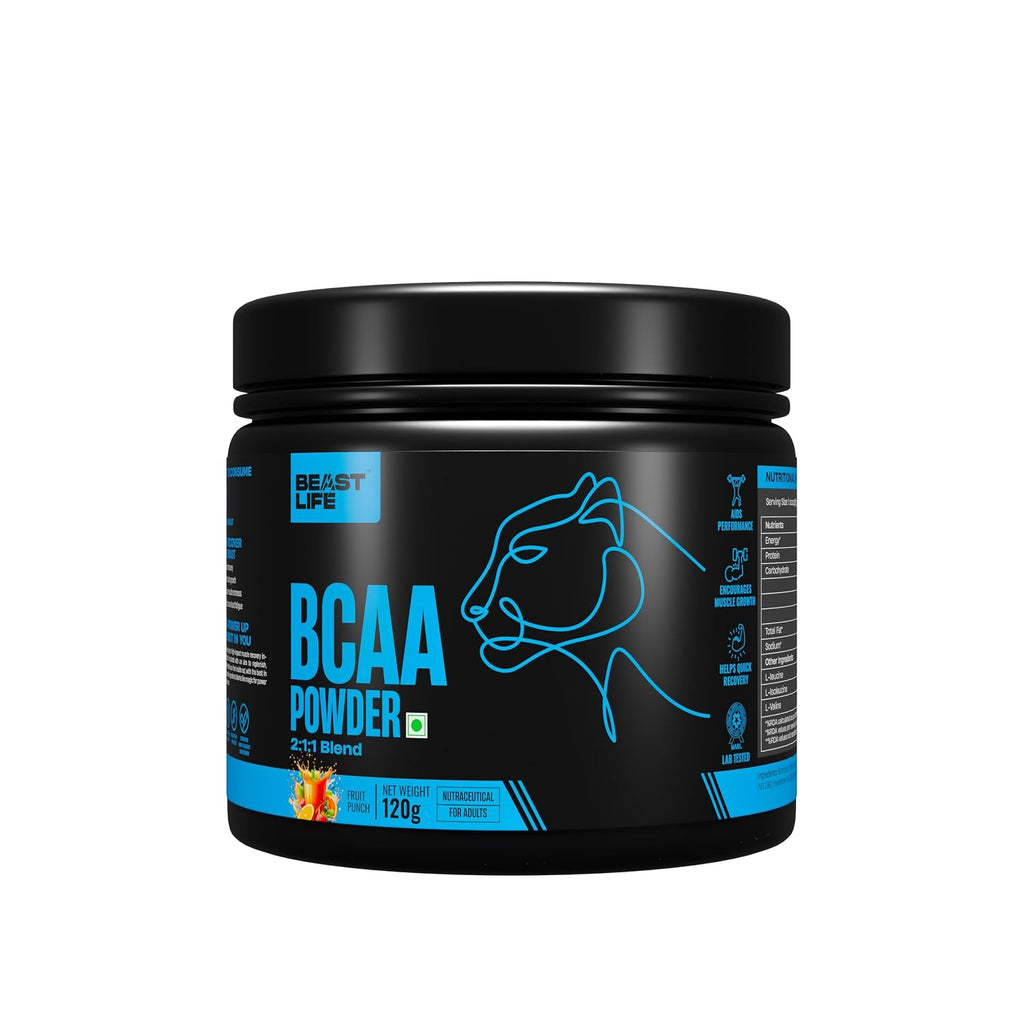 BeastLife High Recovery BCAA – Fruit Punch Flavour | 2:1:1 Blend | 120g | Fast-Absorbing Recovery Formula | Premium Sports Nutrition for Men & Women