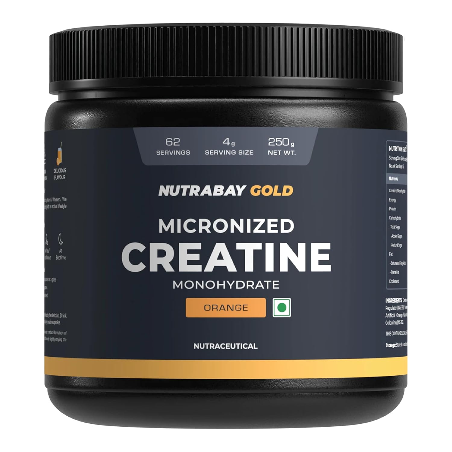 Nutrabay Gold Micronised Creatine Monohydrate Powder 3000 mg Creatine per Serving, NABL Lab Tested â€“ Increases Muscle Mass, Strength & Power â€“ Pre/Post Workout Supplement â€“ 250 g, Orange