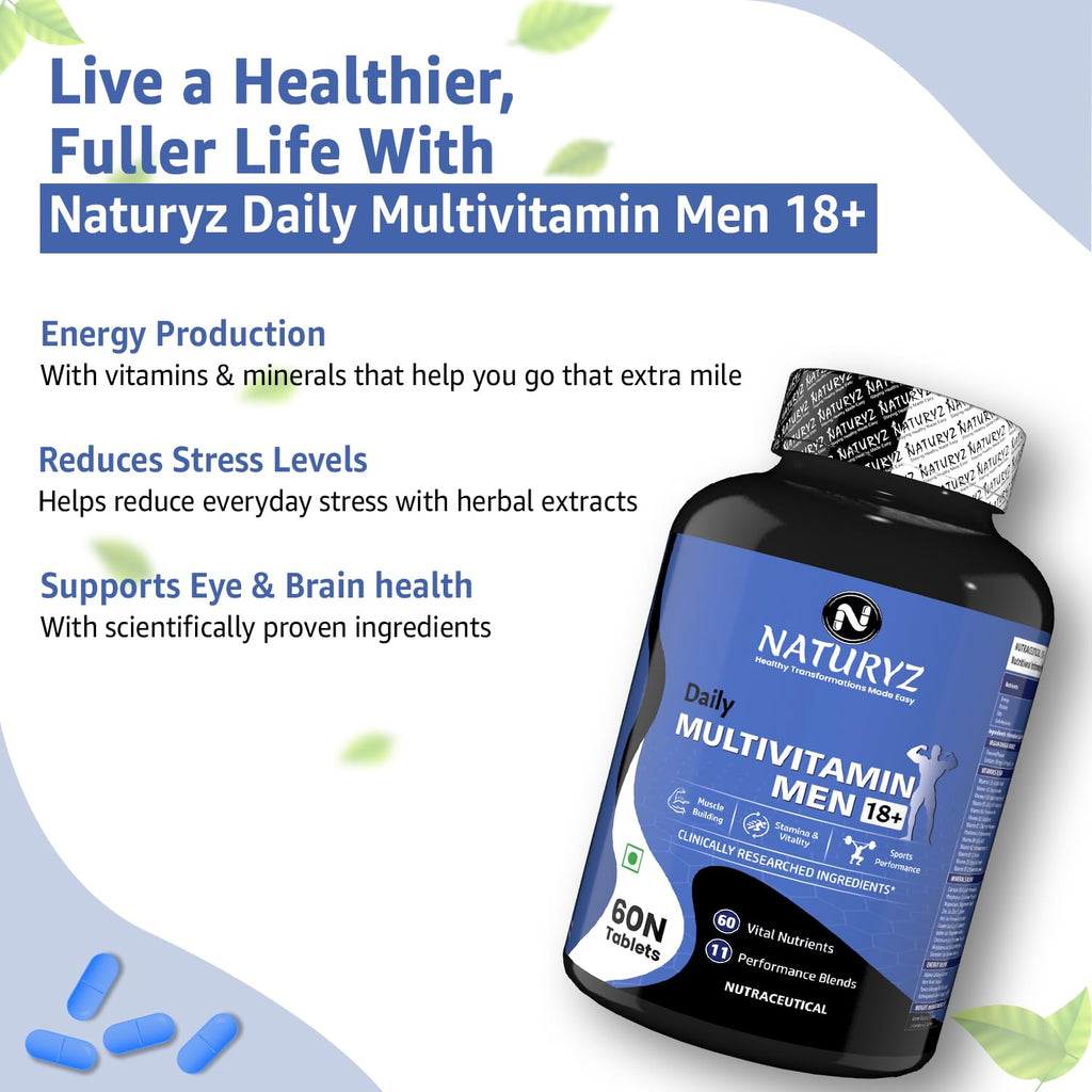 NATURYZ Daily Multivitamin Men 18+ with Highest 60 Nutrients (Vitamins, Minerals, Amino acids, Enzymes, Antioxidants, Herbal Extracts with Omega 3) and 11 Performance Blends for Muscle growth, Strength & Immunity- 60 Tablets