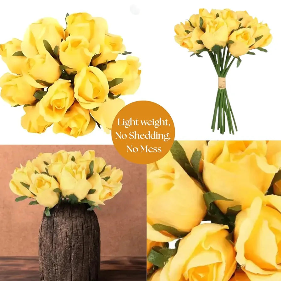 Artificial Rose Flower Bunches for Vase Set of 12 Yellow