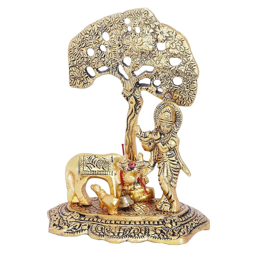 Chhariya Crafts Metal Krishna With Kamdhenu Cow Standing Under Tree Plying Flute