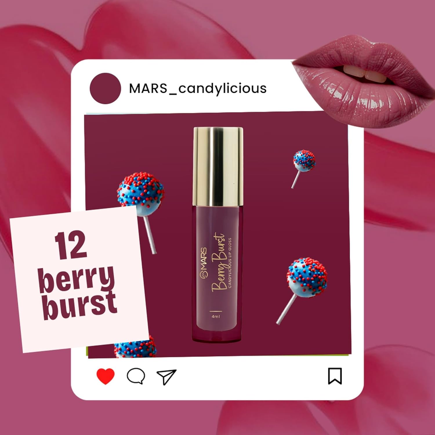 MARS Candylicious Sheer Lip Gloss for Women | Hydrating & High Shine | Lightweight | Non-Sticky | Enriched with Vitamin-E, Hyaluronic Acid & Avocado Ester (4.0ml) (12-BERRY BURST)