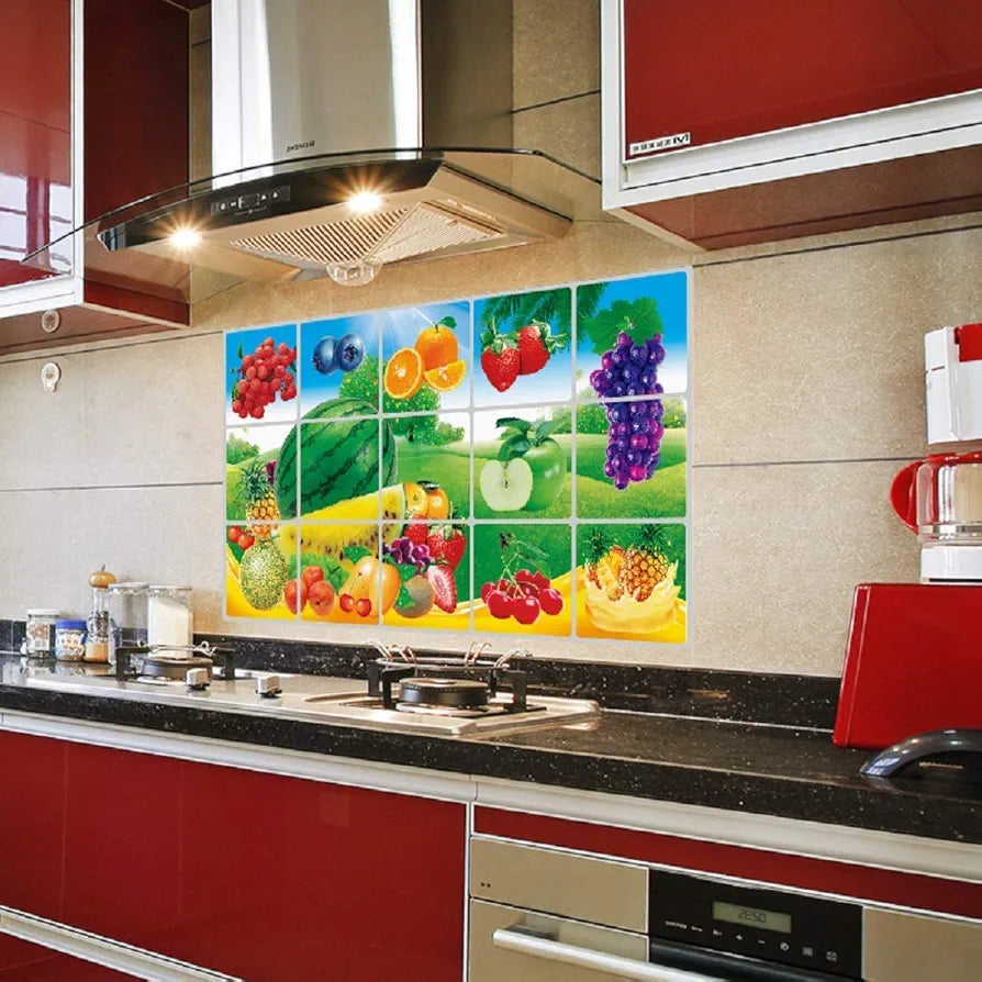 Jaamso Royals Multi Fruits and Vegetable Oil Proof Vinyl Aluminium Foil Kitchen Tile Wall Sticker Fruit vegetable