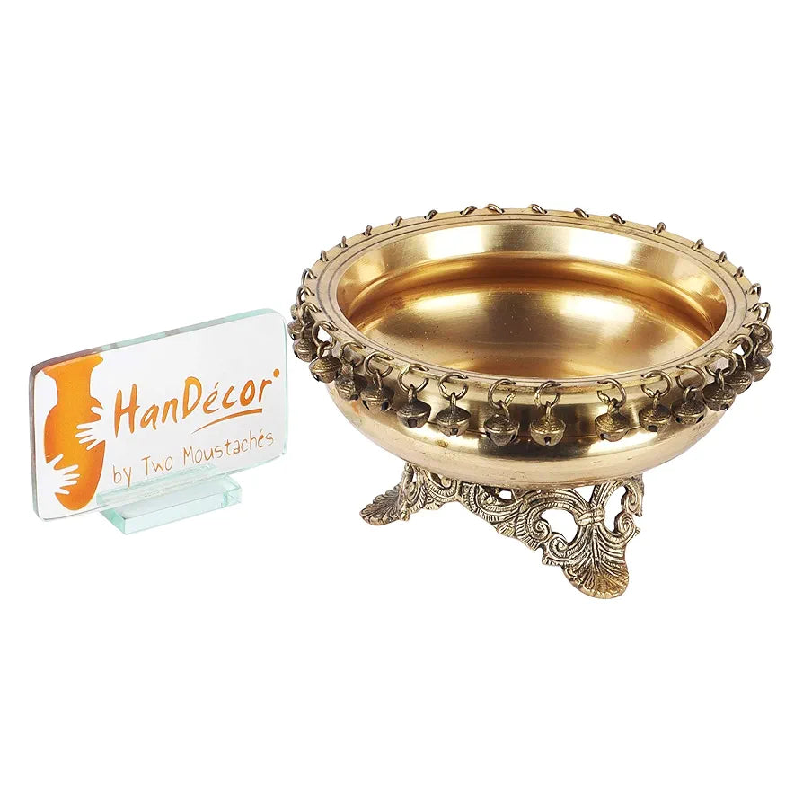 Two Moustaches Brass 8 Inches Urli Bowl on Ethnic Carved Legs Brass Bowl Standard