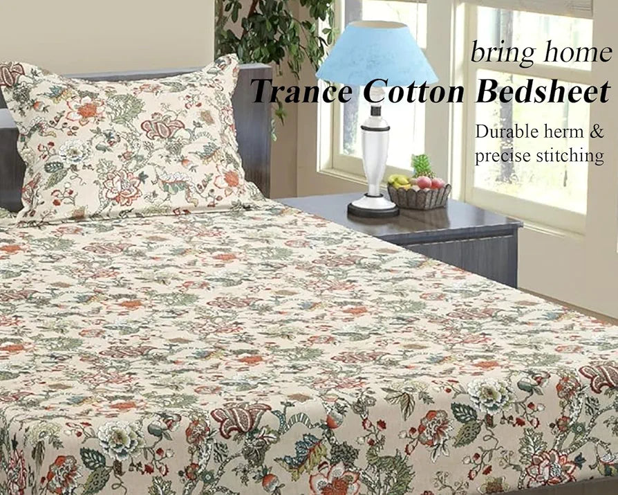 Trance Home Linen 144TC 100% Cotton 78"x72" Standard King Size Elastic Fitted Bedsheet Printed King Bed Size with 2 Pillow Covers Colour Malhaar Beige