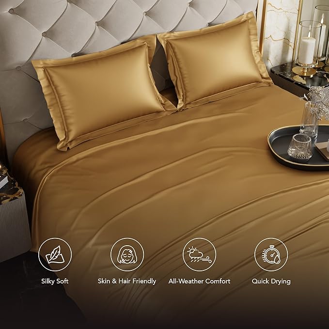 Stoa Paris Satin Bedsheets for Double Bed 300TC Premium Bedsheet with 2 Pillow Covers Colour Eternal Glow-Gold