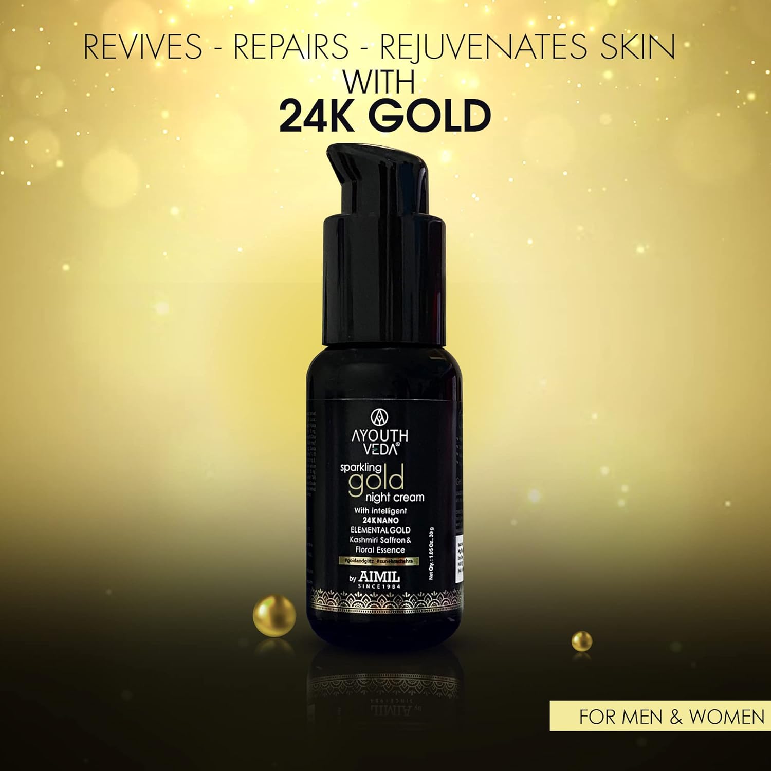 Ayouthveda Sparkling Gold Night Cream | 24K Nano Gold & Kashmiri Saffron | Reduces Fine Lines, Wrinkles & Dark Spots | Restores Skin Firmness & Elasticity | Overnight Anti-Ageing Face Cream (30g (Pack of 1))