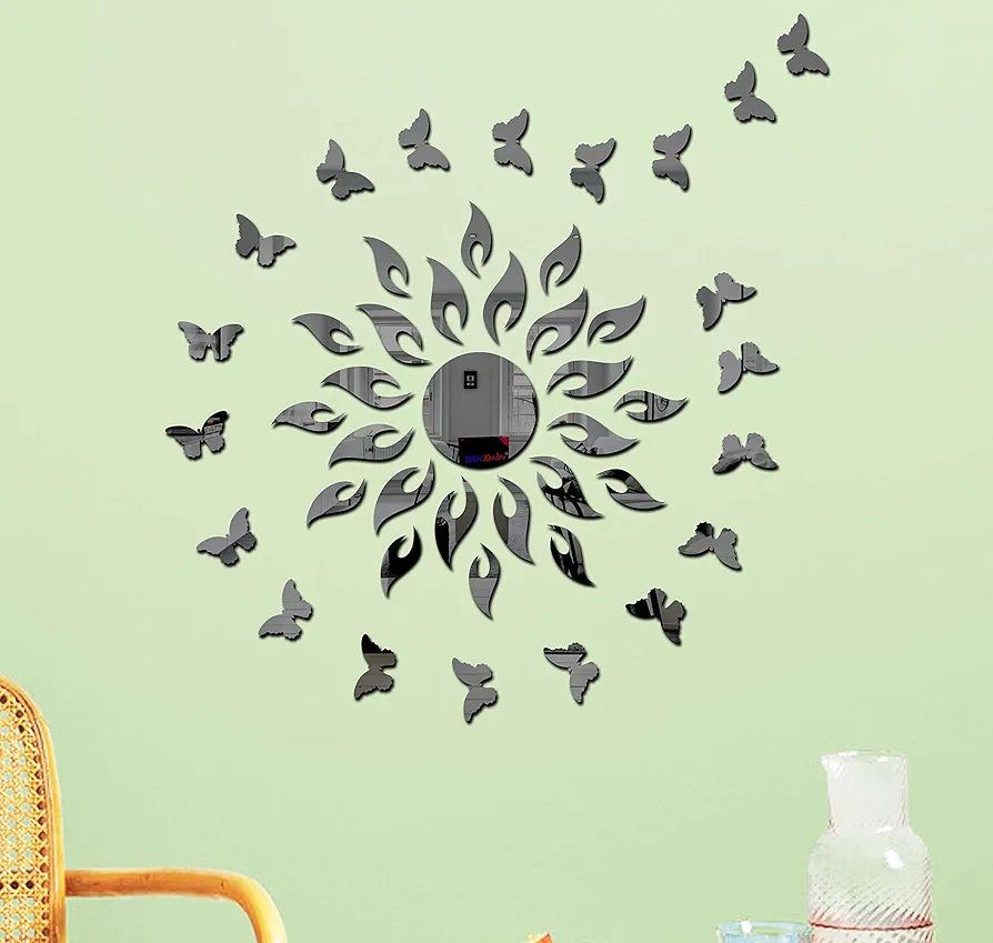 Bikri Kendra Art BK147 Sun Black with 20 Black Butterfly 3D Acrylic Mirror Stickers for Wall