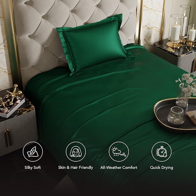 Stoa Paris Satin Bedsheets for Single Bed 300TC Premium Bedsheet with 1 Pillow Cover Colour Emerald Green