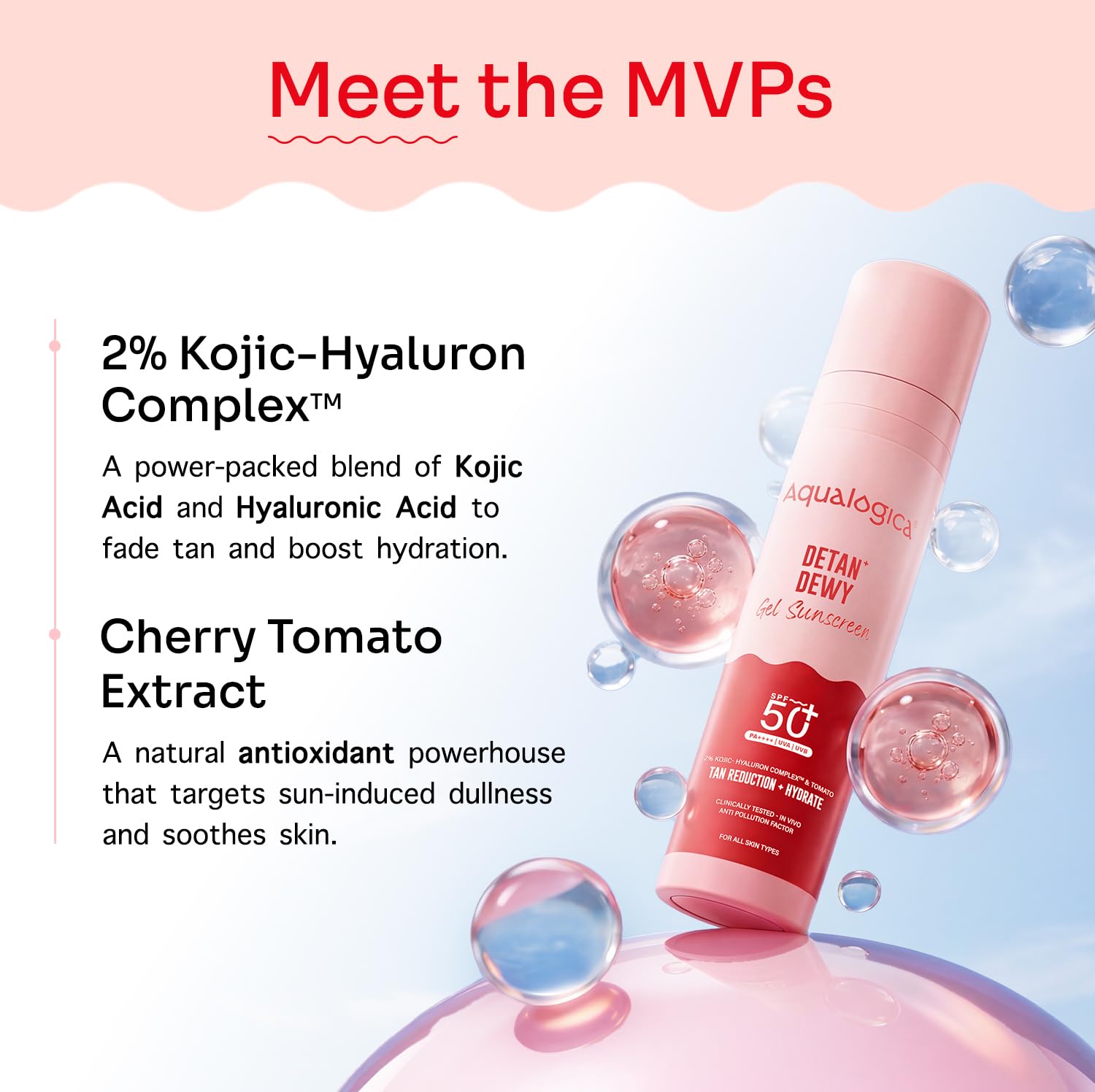 Aqualogica Detan+ Dewy Gel Sunscreen SPF 50+ PA++++ with 2% Kojic-Hyaluron Complex & Wild Berries, 50g | Broad Spectrum UVA/UVB & Blue Light Protection | No White Cast | Fragrance-Free | Lightweight | Hydrating | For Men & Women