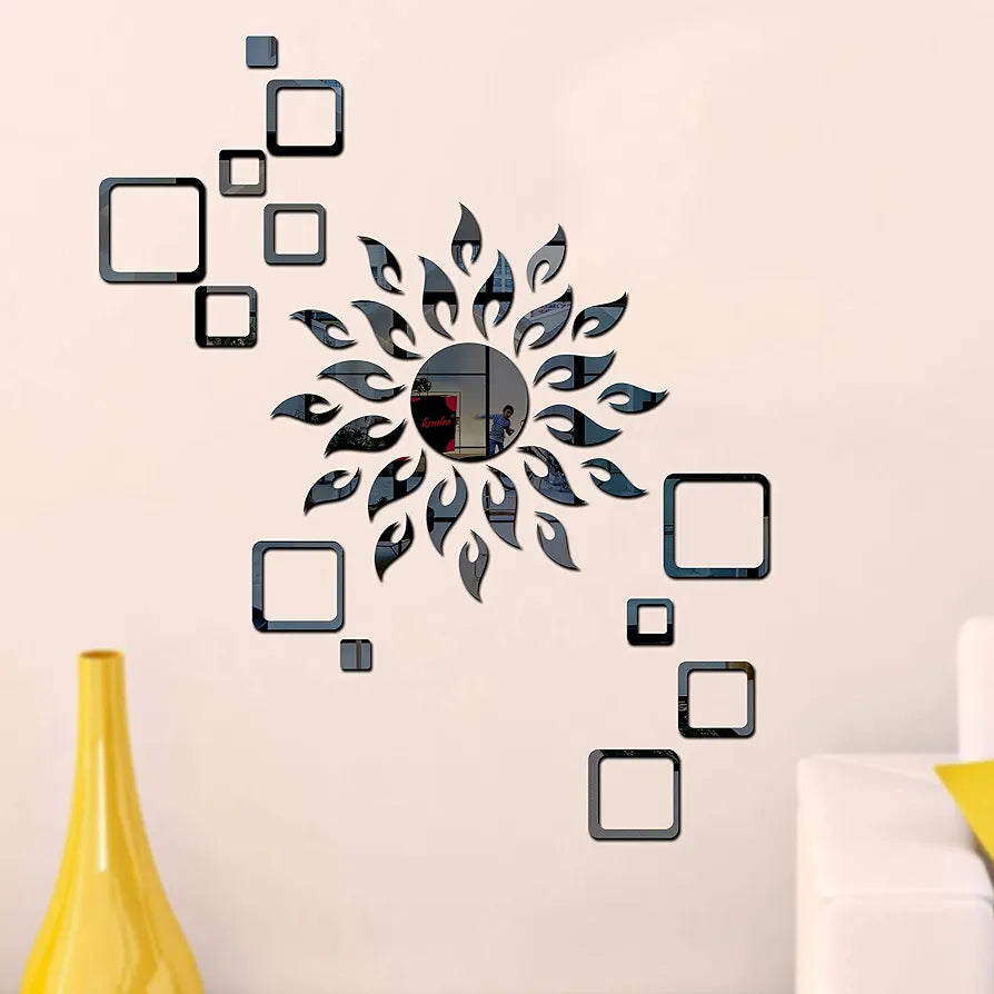 Bikri Kendra Art BK78, Sun Black with Square Black 2 Set 3D Acrylic Mirror Stickers for Wall