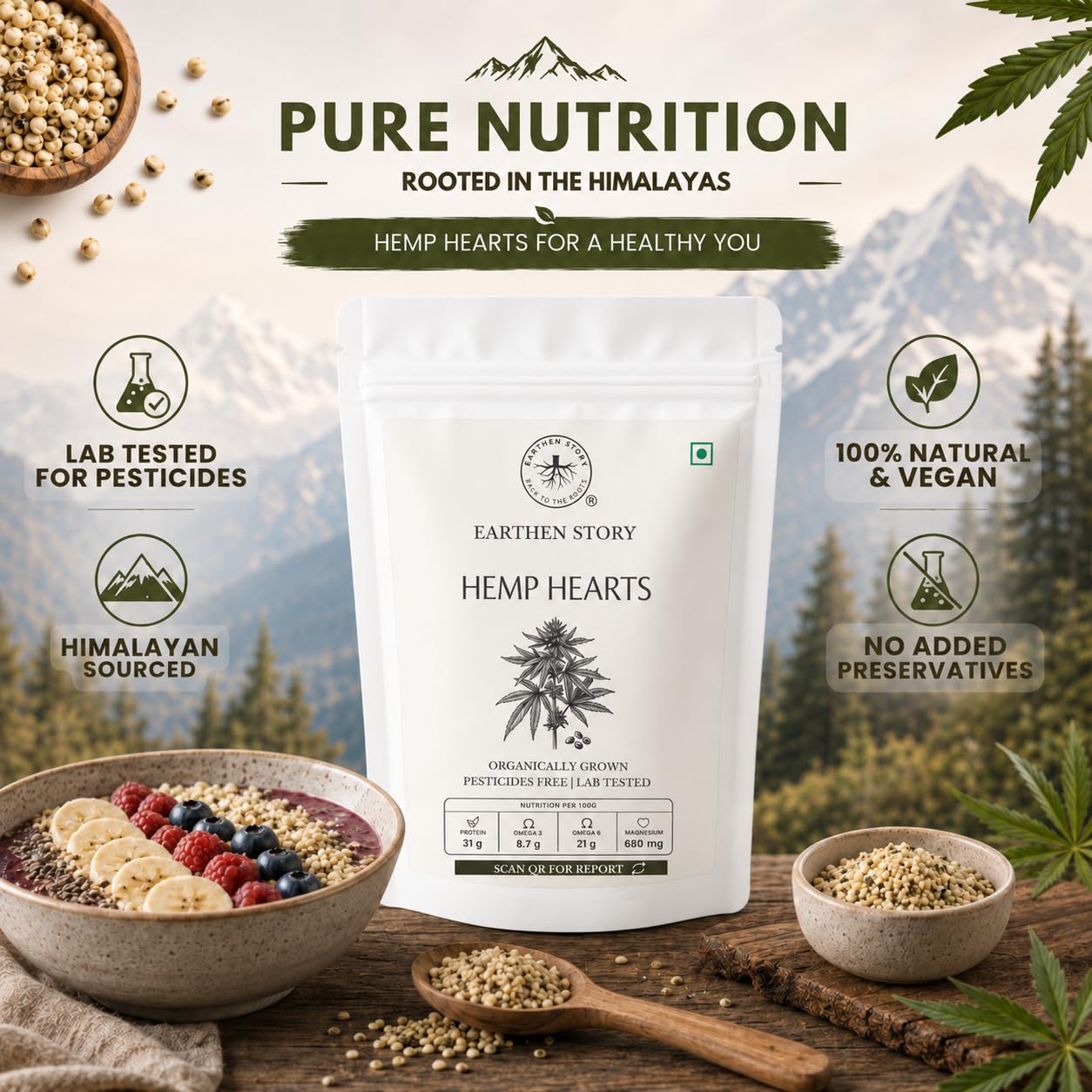 Earthen Story Hemp Hearts, 150g | Himalayan Origin Shelled Hemp Seeds | Rich in Plant Protein & Omega 3 | Lab Tested for Pesticide Residues | Mild Nutty Taste | Superfood for Smoothies, Salads & Breakfast
