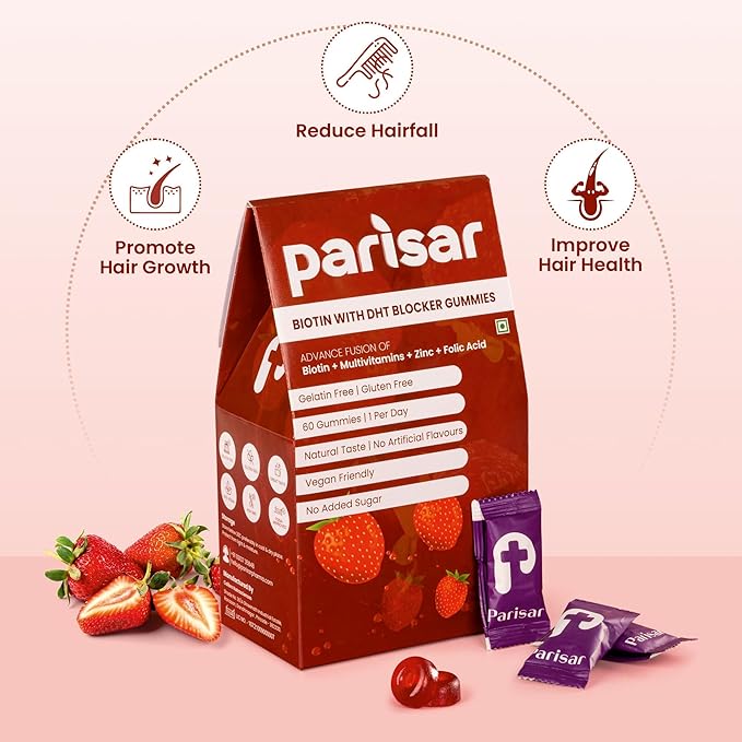 Parisar Pharma Biotin Gummies for Strong Shiny & Thick Hair Vitamin A to E - 60 Gummies