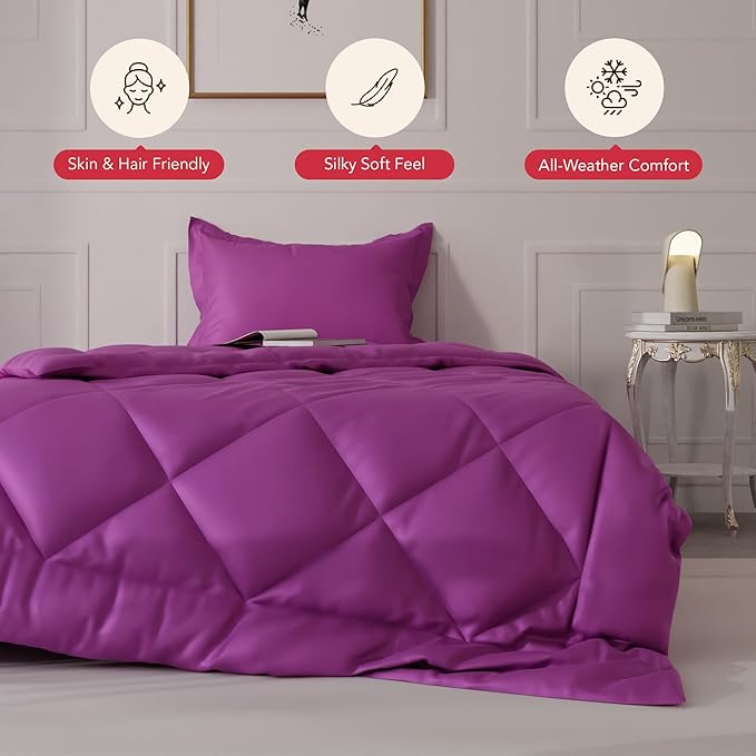 Stoa Paris Satin Comforter Single Bed with 300 TC One Pillow Cover Colour Plum