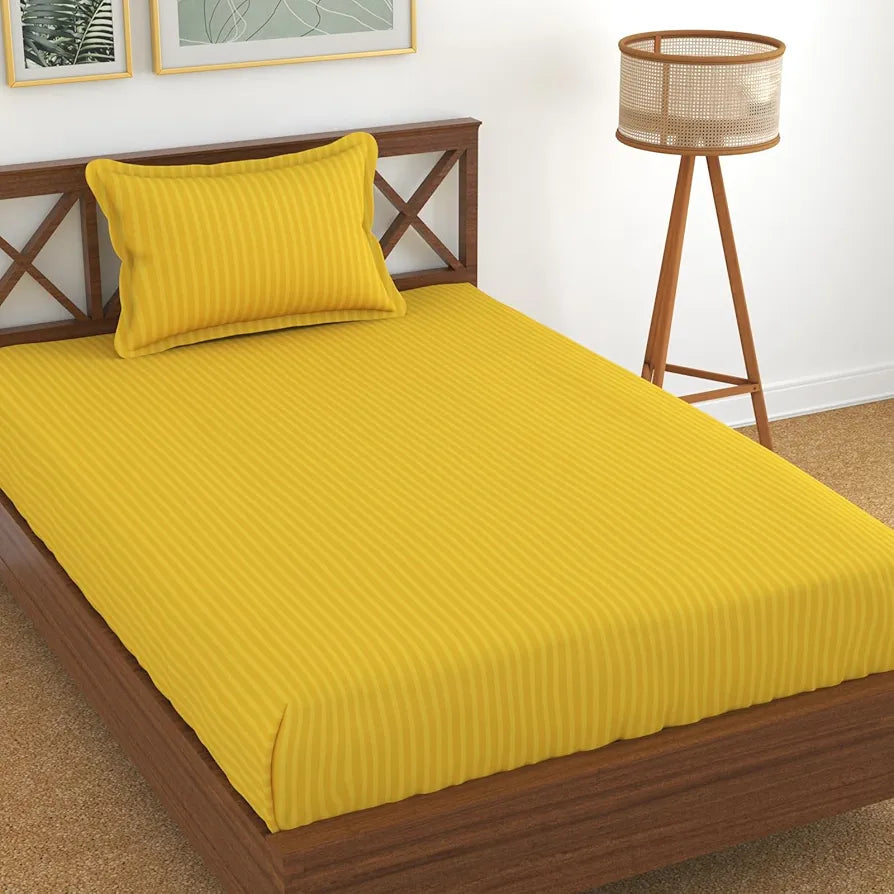 Homefab India 160 TC Stripe Glace Cotton Single BedSheet with 1 Pillow Cover Yellow