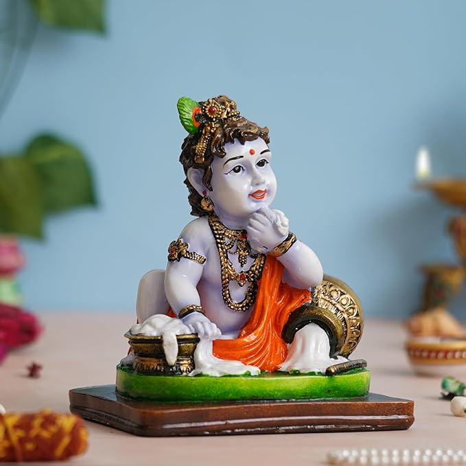 Ecraftindia Polyresin Handcrafted Little Krishna Idol Eating Makhan Decorative Showpiece for Devotees and Lovers of Lord Krishna