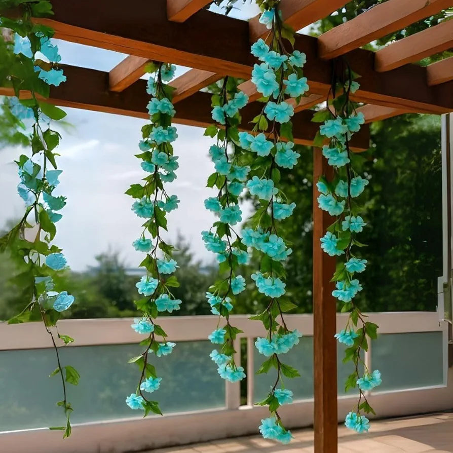 Artificial Cherry Blossom Rattan Flowers Vine Sky Blue