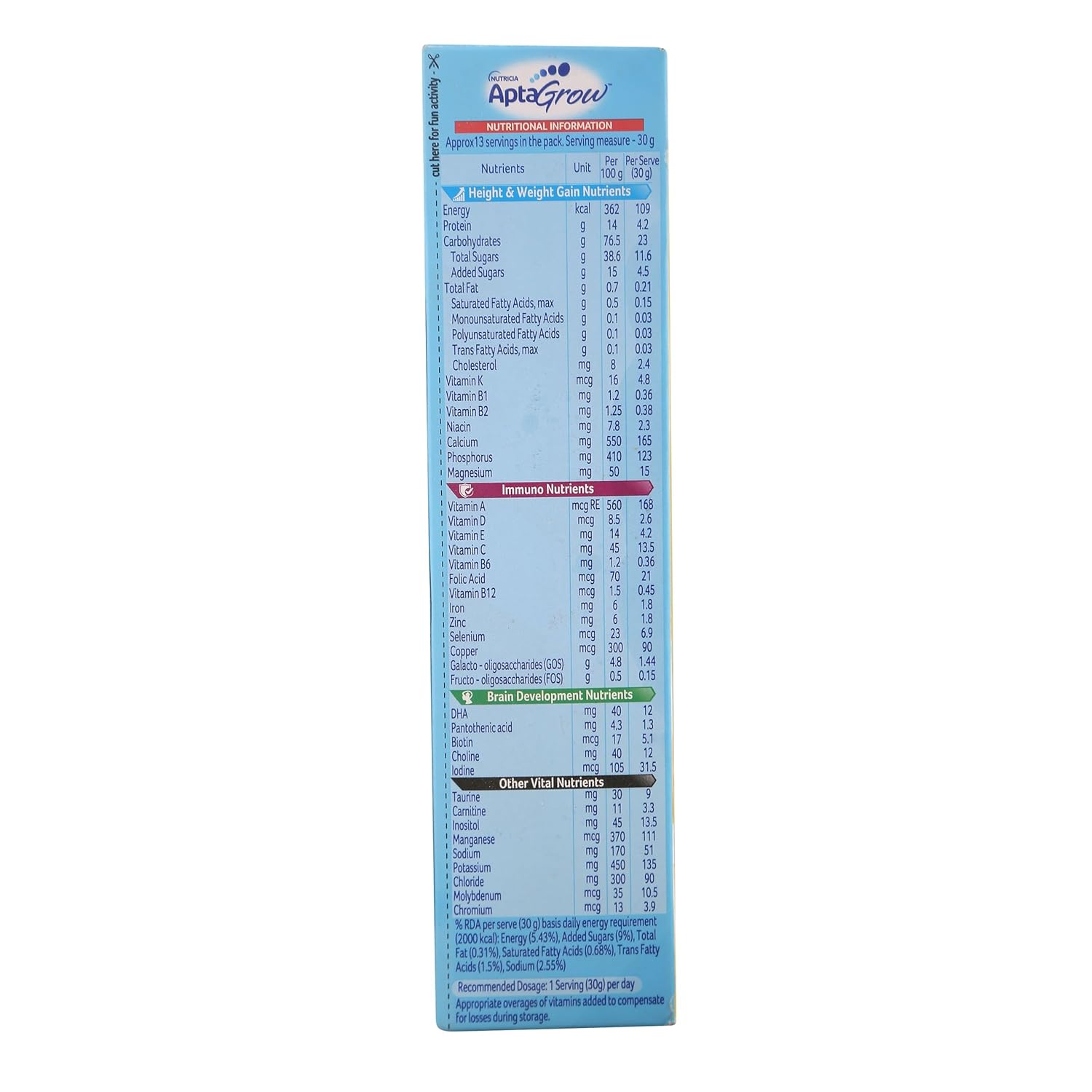 AptaGrow Milk Drink Powder for Kid s Height Gain, Immunity & Brain Development, Nutritious & Tasty Vanilla Flavor, 400g | 37 Nutrients | Prebiotics | Low Fat | Veg