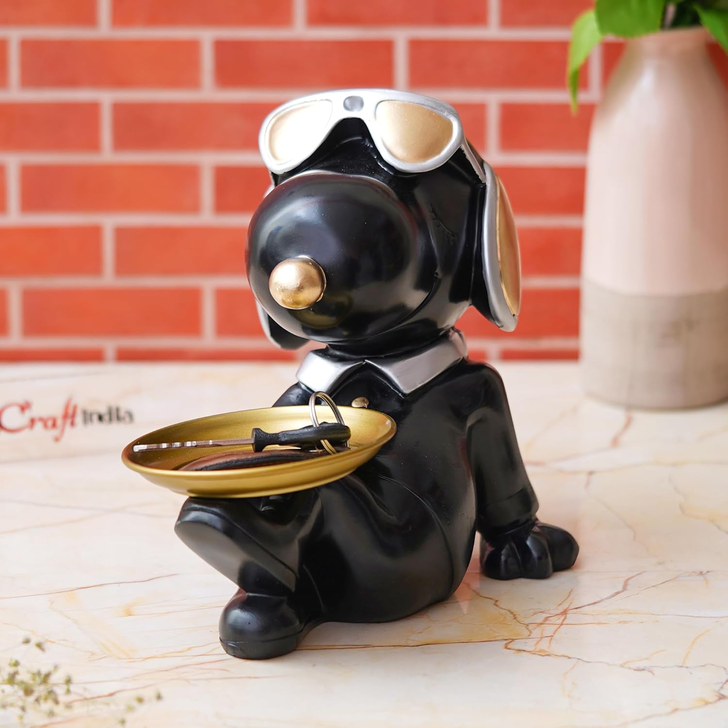 Ecraftindia Cute Balck Bull Dog Statue Sitting With Glasses and Headset Playing Whistle Decorative Animal Figurine