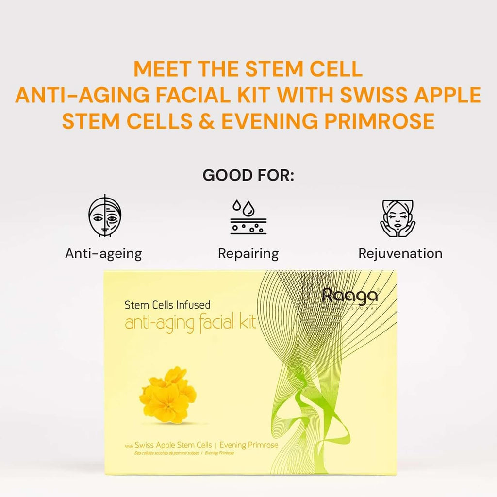 Raaga Professional Stem Cells Cream Infused Anti Aging Facial Kit | Evening Primrose, Swiss Apple Stem Cells | Fights Acne | 6 Step Facial Kit For All Skin Types (61 Gm)