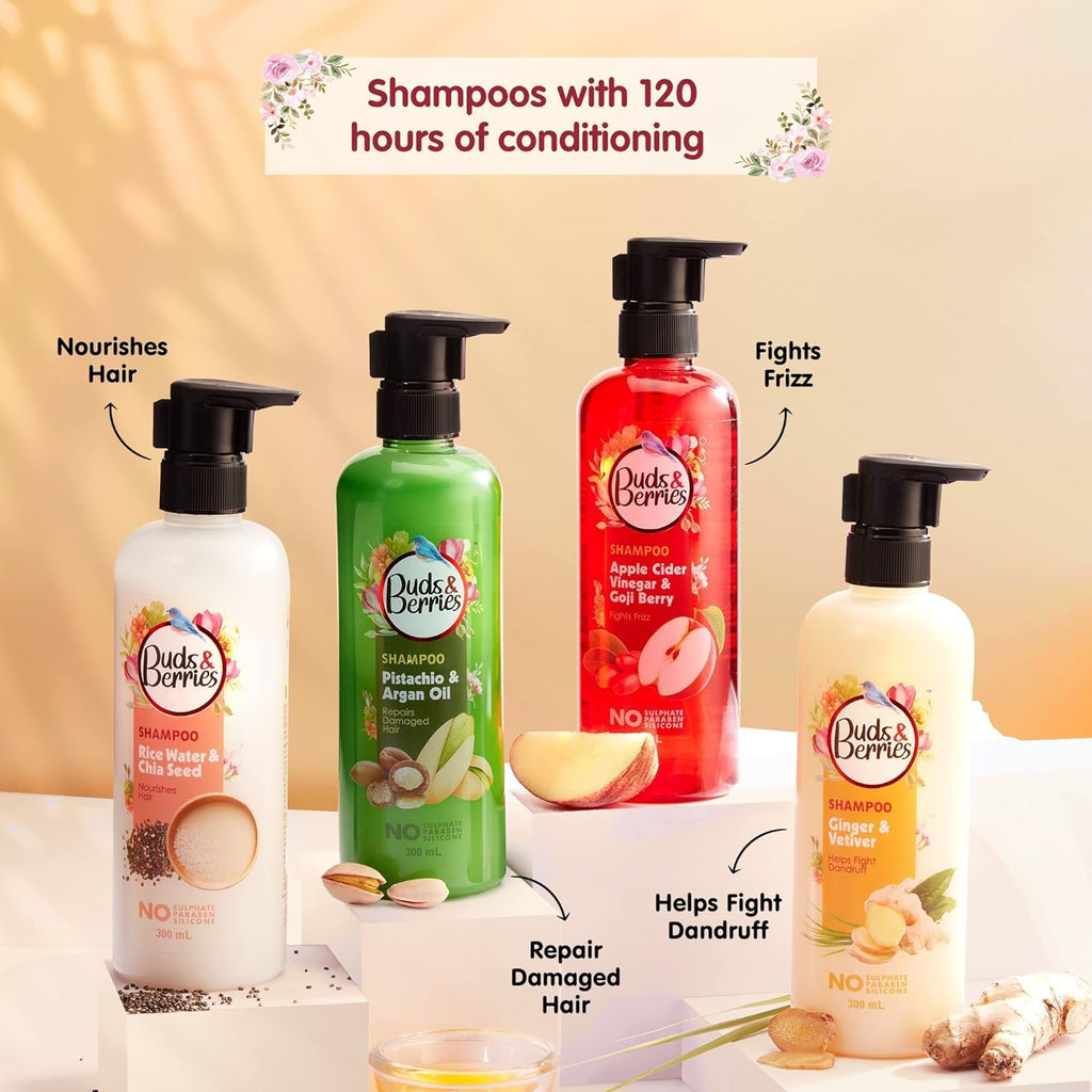 Buds & Berries Nourishment Shampoo with Rice Water and Chia Seeds | Strengthens Hair, 120 Hours of Conditioning | No Sulphate, No Paraben, No Silicone (300 ml)