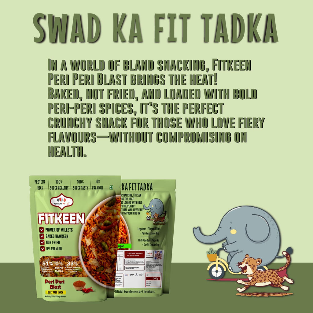 GROWFITZ Baked Namkeen Mixture 200g | Peri Peri Flavor | Non-Fried Millet Snack | 0% Palm Oil | 12.4g High Protein | Healthy Tea-Time Snack (200gram - Pack of 1, Peri Peri Spicy)