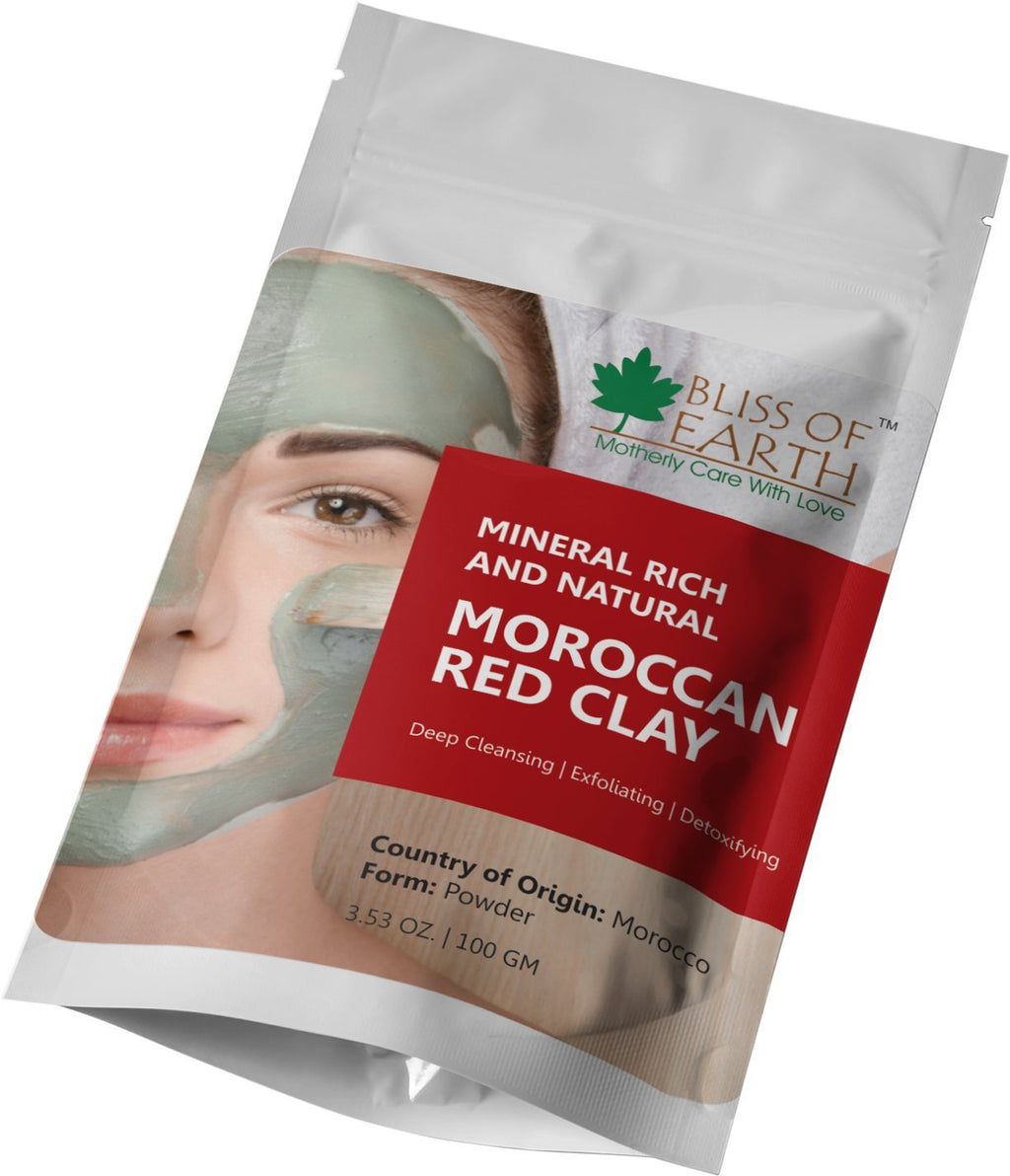 Bliss of Earth Original Moroccan Red Clay Powder | 100GM | Natural Facial Mask & Skin Care Treatment | Anti-Ageing | Heals Dry & Oily Skin | Detoxifying & Rejuvenating |
