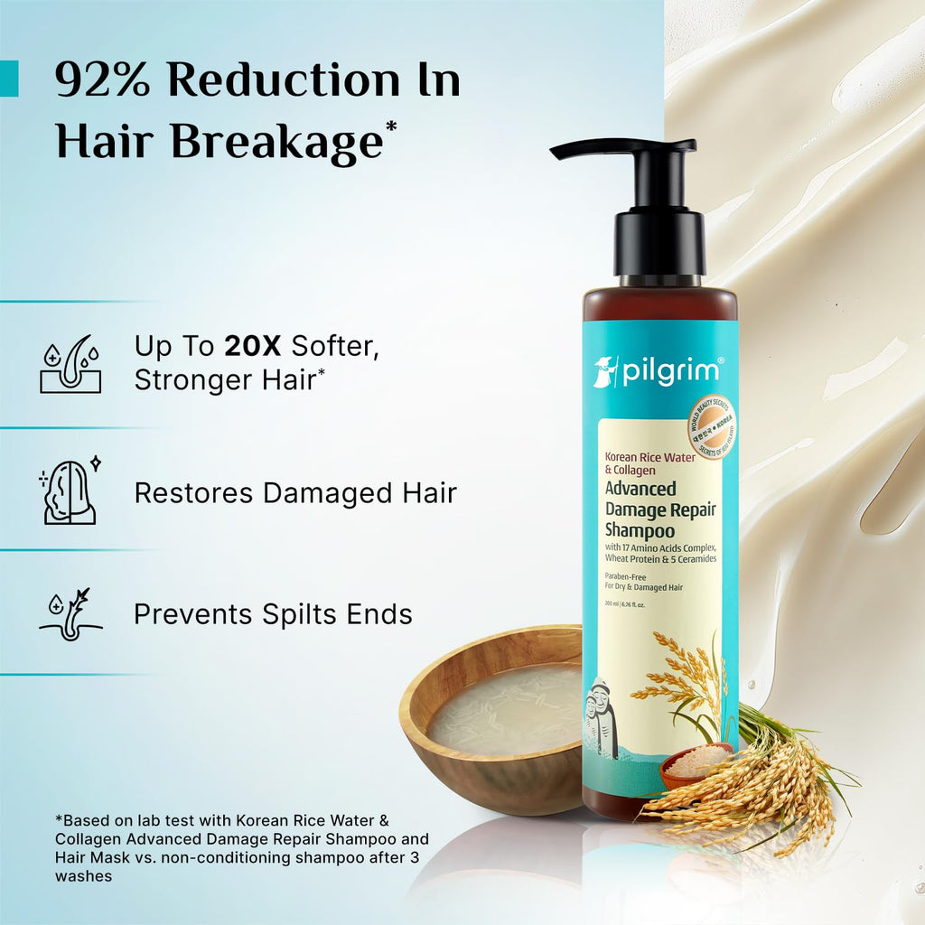 Pilgrim Korean Rice Water & Collagen Advanced Damage Repair Shampoo - 200ml | with 17 Amino Acids, Wheat Protein & 5 Ceramides | Paraben-Free | For Dry & Damaged Hair | For Women and Men