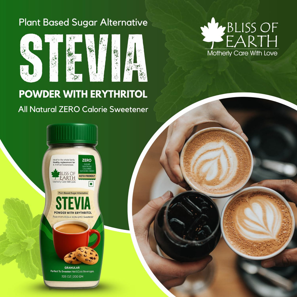 Bliss of Earth Stevia Powder, Organic Sugar Free Zero Calorie Sweetener Diabetic and Keto Friendly 99.8% Purity Vegetarian Gluten Free Quick Dissolve (200 gm (Pack of 1))