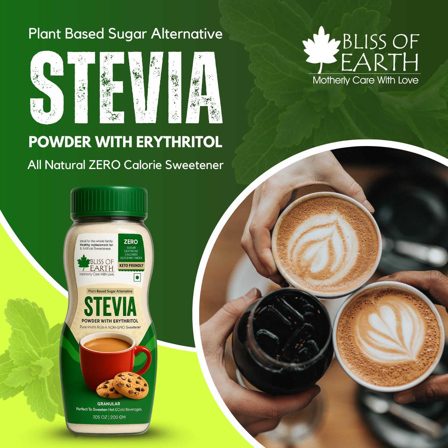 Bliss of Earth Stevia Powder, Organic Sugar Free Zero Calorie Sweetener Diabetic and Keto Friendly 99.8% Purity Vegetarian Gluten Free Quick Dissolve (200 gm (Pack of 1))