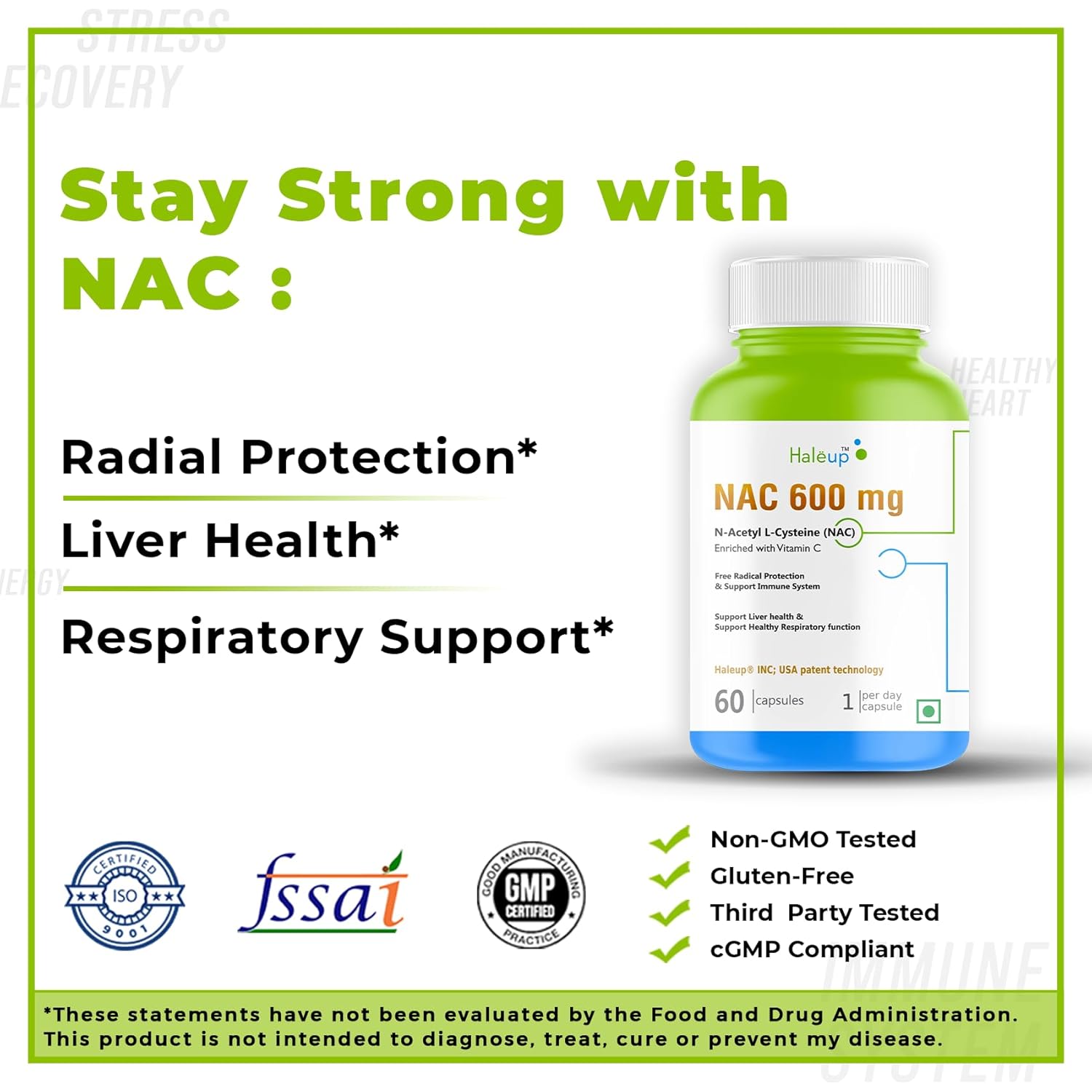Haleup NAC 99% (N-Acetyl Cysteine) 600 mg, Haleup INC USA, 60 capsules, enriched with Vitamin C for Glutathione Production, Respiratory Health, Liver Detox, Antioxidant Support