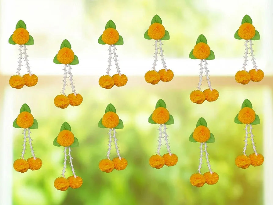 Plastic Artificial Flowers And Leaves Decoration Pack of 12 - L Orange & Green