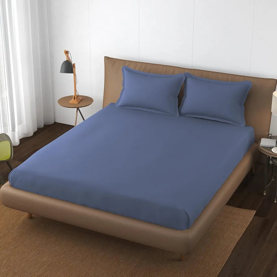 Trance Home Linen 100% Cotton 78x72 inch King Elastic Fitted Bedsheet 400TC Soft Durable Plain with 2 Pillow Covers Mediterranean Colour Blue