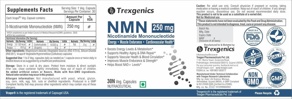 Trexgenics NICOTINAMIDE-MONONUCLEOTIDE(NMN)250 NAD + Booster Energy, Muscle Endurance, Cardiovascular Health VEGAN & NON-GMO (30 Veg Capsules)